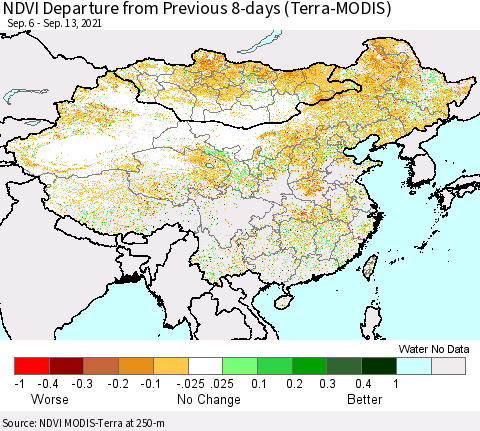 China, Mongolia and Taiwan NDVI Departure from Previous 8-days (Terra-MODIS) Thematic Map For 9/6/2021 - 9/13/2021