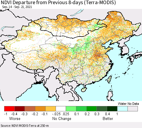 China, Mongolia and Taiwan NDVI Departure from Previous 8-days (Terra-MODIS) Thematic Map For 9/14/2021 - 9/21/2021