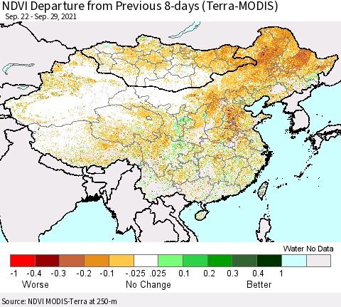 China, Mongolia and Taiwan NDVI Departure from Previous 8-days (Terra-MODIS) Thematic Map For 9/22/2021 - 9/29/2021