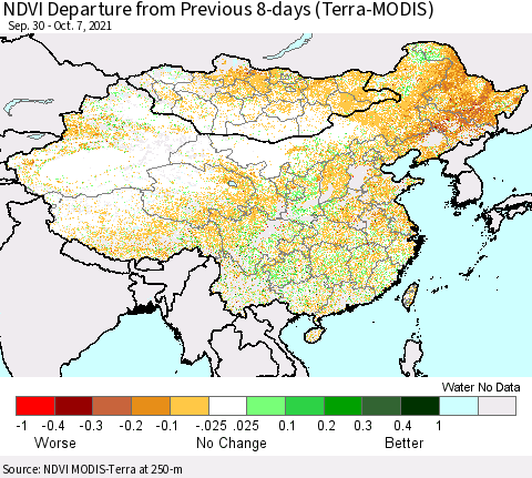 China, Mongolia and Taiwan NDVI Departure from Previous 8-days (Terra-MODIS) Thematic Map For 9/30/2021 - 10/7/2021