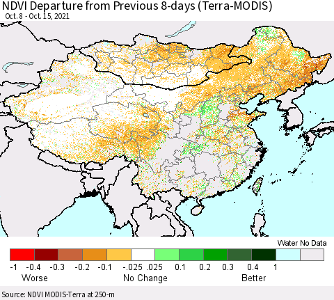 China, Mongolia and Taiwan NDVI Departure from Previous 8-days (Terra-MODIS) Thematic Map For 10/8/2021 - 10/15/2021