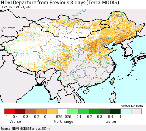 China, Mongolia and Taiwan NDVI Departure from Previous 8-days (Terra-MODIS) Thematic Map For 10/16/2021 - 10/23/2021