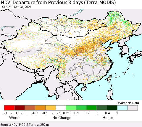 China, Mongolia and Taiwan NDVI Departure from Previous 8-days (Terra-MODIS) Thematic Map For 10/24/2021 - 10/31/2021