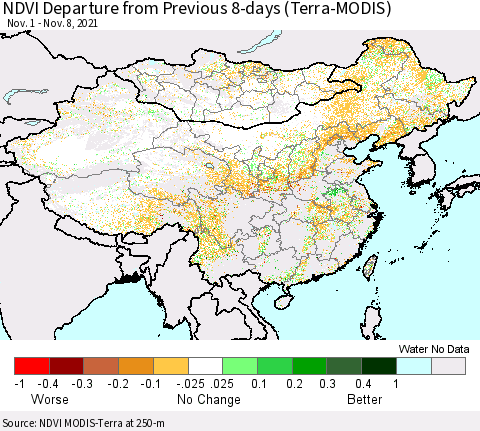 China, Mongolia and Taiwan NDVI Departure from Previous 8-days (Terra-MODIS) Thematic Map For 11/1/2021 - 11/8/2021