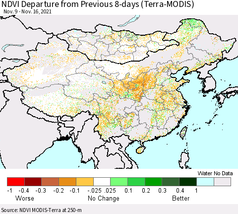 China, Mongolia and Taiwan NDVI Departure from Previous 8-days (Terra-MODIS) Thematic Map For 11/9/2021 - 11/16/2021