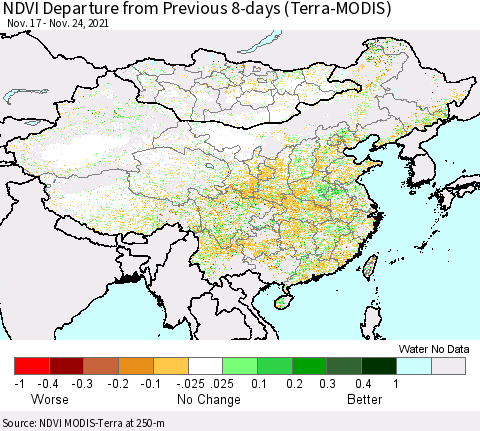 China, Mongolia and Taiwan NDVI Departure from Previous 8-days (Terra-MODIS) Thematic Map For 11/17/2021 - 11/24/2021