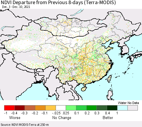 China, Mongolia and Taiwan NDVI Departure from Previous 8-days (Terra-MODIS) Thematic Map For 12/3/2021 - 12/10/2021