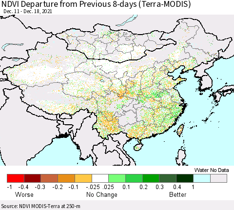 China, Mongolia and Taiwan NDVI Departure from Previous 8-days (Terra-MODIS) Thematic Map For 12/11/2021 - 12/18/2021