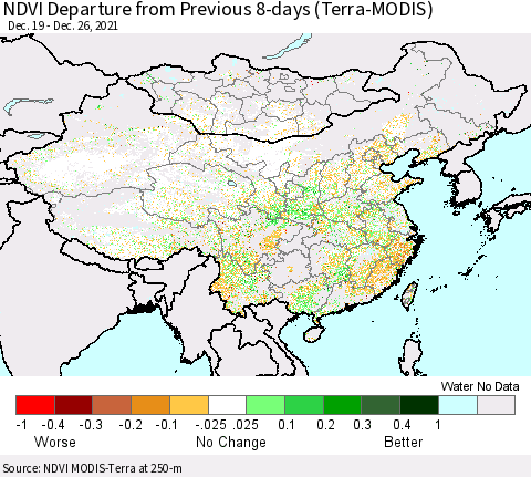 China, Mongolia and Taiwan NDVI Departure from Previous 8-days (Terra-MODIS) Thematic Map For 12/19/2021 - 12/26/2021