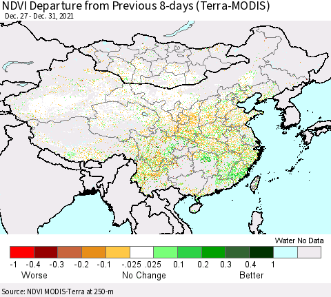 China, Mongolia and Taiwan NDVI Departure from Previous 8-days (Terra-MODIS) Thematic Map For 12/26/2021 - 1/2/2022