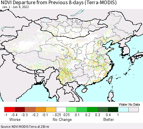 China, Mongolia and Taiwan NDVI Departure from Previous 8-days (Terra-MODIS) Thematic Map For 1/1/2022 - 1/8/2022