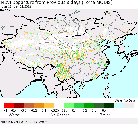 China, Mongolia and Taiwan NDVI Departure from Previous 8-days (Terra-MODIS) Thematic Map For 1/17/2022 - 1/24/2022