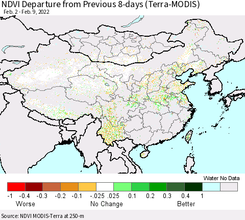China, Mongolia and Taiwan NDVI Departure from Previous 8-days (Terra-MODIS) Thematic Map For 2/2/2022 - 2/9/2022