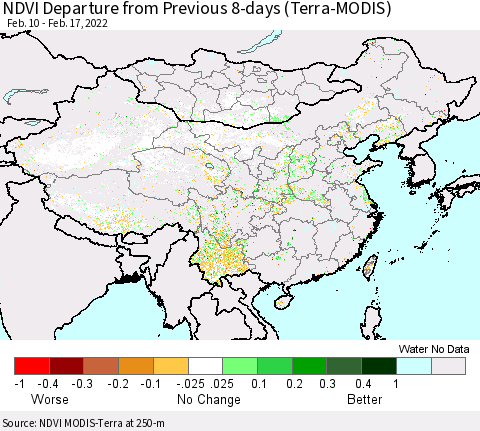 China, Mongolia and Taiwan NDVI Departure from Previous 8-days (Terra-MODIS) Thematic Map For 2/10/2022 - 2/17/2022