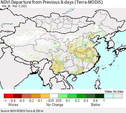 China, Mongolia and Taiwan NDVI Departure from Previous 8-days (Terra-MODIS) Thematic Map For 2/26/2022 - 3/5/2022