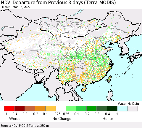 China, Mongolia and Taiwan NDVI Departure from Previous 8-days (Terra-MODIS) Thematic Map For 3/6/2022 - 3/13/2022