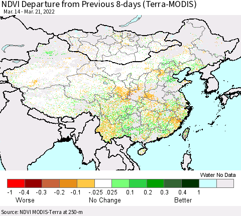 China, Mongolia and Taiwan NDVI Departure from Previous 8-days (Terra-MODIS) Thematic Map For 3/14/2022 - 3/21/2022