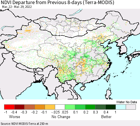 China, Mongolia and Taiwan NDVI Departure from Previous 8-days (Terra-MODIS) Thematic Map For 3/22/2022 - 3/29/2022