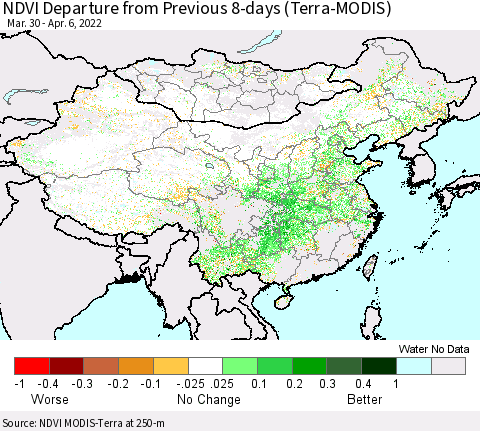 China, Mongolia and Taiwan NDVI Departure from Previous 8-days (Terra-MODIS) Thematic Map For 3/30/2022 - 4/6/2022