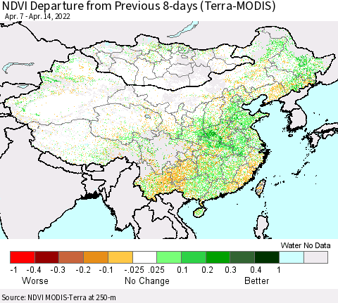 China, Mongolia and Taiwan NDVI Departure from Previous 8-days (Terra-MODIS) Thematic Map For 4/7/2022 - 4/14/2022