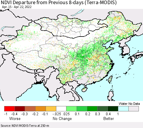 China, Mongolia and Taiwan NDVI Departure from Previous 8-days (Terra-MODIS) Thematic Map For 4/15/2022 - 4/22/2022