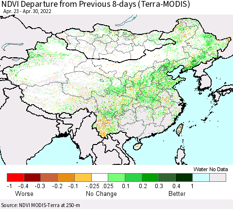 China, Mongolia and Taiwan NDVI Departure from Previous 8-days (Terra-MODIS) Thematic Map For 4/23/2022 - 4/30/2022