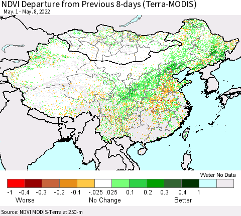 China, Mongolia and Taiwan NDVI Departure from Previous 8-days (Terra-MODIS) Thematic Map For 5/1/2022 - 5/8/2022
