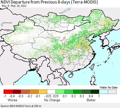 China, Mongolia and Taiwan NDVI Departure from Previous 8-days (Terra-MODIS) Thematic Map For 5/9/2022 - 5/16/2022