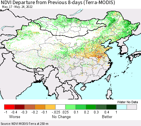 China, Mongolia and Taiwan NDVI Departure from Previous 8-days (Terra-MODIS) Thematic Map For 5/17/2022 - 5/24/2022