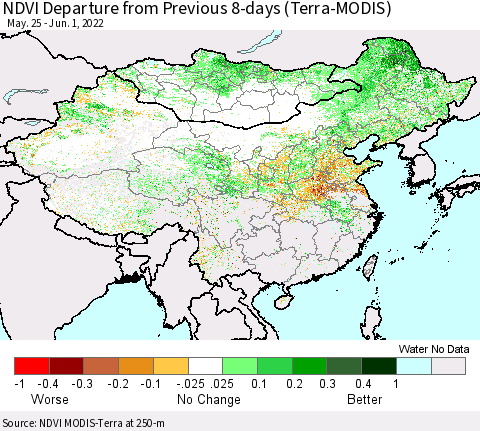 China, Mongolia and Taiwan NDVI Departure from Previous 8-days (Terra-MODIS) Thematic Map For 5/25/2022 - 6/1/2022