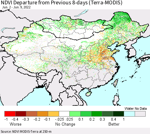 China, Mongolia and Taiwan NDVI Departure from Previous 8-days (Terra-MODIS) Thematic Map For 6/2/2022 - 6/9/2022