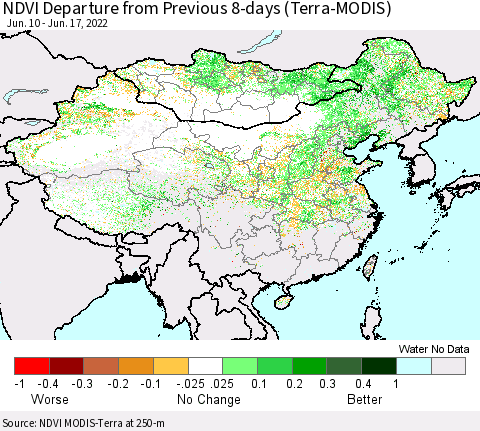 China, Mongolia and Taiwan NDVI Departure from Previous 8-days (Terra-MODIS) Thematic Map For 6/10/2022 - 6/17/2022