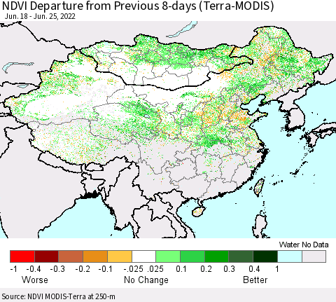 China, Mongolia and Taiwan NDVI Departure from Previous 8-days (Terra-MODIS) Thematic Map For 6/18/2022 - 6/25/2022