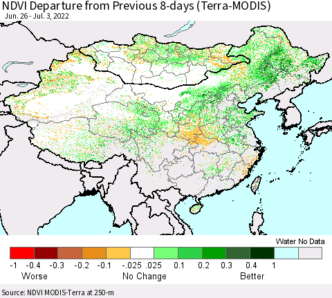 China, Mongolia and Taiwan NDVI Departure from Previous 8-days (Terra-MODIS) Thematic Map For 6/26/2022 - 7/3/2022