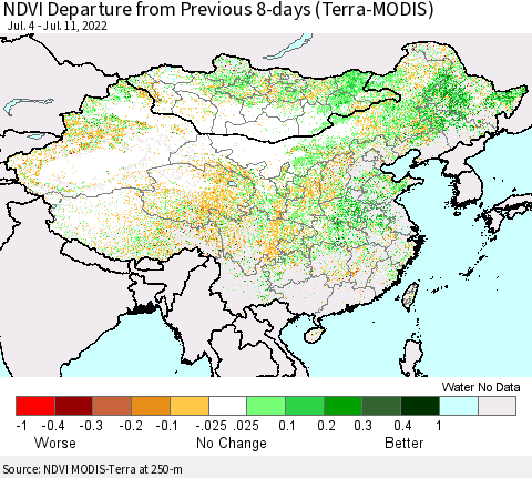 China, Mongolia and Taiwan NDVI Departure from Previous 8-days (Terra-MODIS) Thematic Map For 7/4/2022 - 7/11/2022