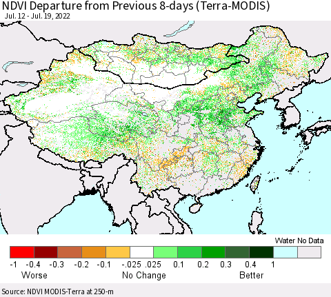 China, Mongolia and Taiwan NDVI Departure from Previous 8-days (Terra-MODIS) Thematic Map For 7/12/2022 - 7/19/2022