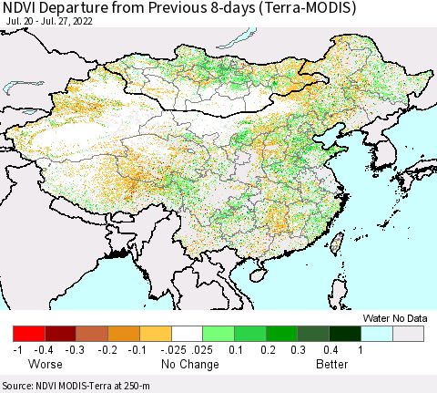 China, Mongolia and Taiwan NDVI Departure from Previous 8-days (Terra-MODIS) Thematic Map For 7/20/2022 - 7/27/2022