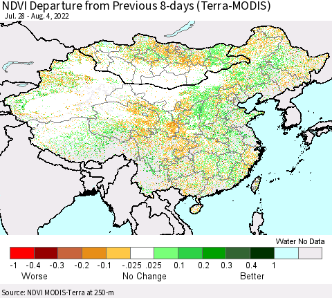 China, Mongolia and Taiwan NDVI Departure from Previous 8-days (Terra-MODIS) Thematic Map For 7/28/2022 - 8/4/2022