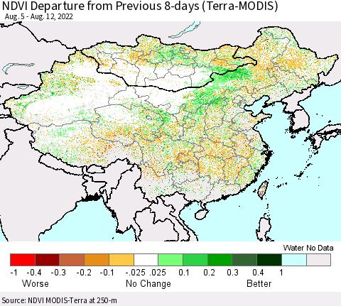 China, Mongolia and Taiwan NDVI Departure from Previous 8-days (Terra-MODIS) Thematic Map For 8/5/2022 - 8/12/2022