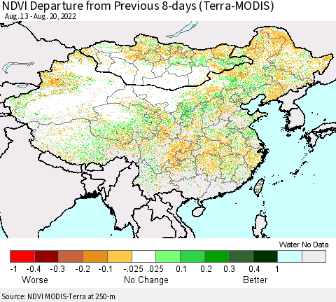 China, Mongolia and Taiwan NDVI Departure from Previous 8-days (Terra-MODIS) Thematic Map For 8/13/2022 - 8/20/2022