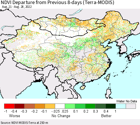 China, Mongolia and Taiwan NDVI Departure from Previous 8-days (Terra-MODIS) Thematic Map For 8/21/2022 - 8/28/2022