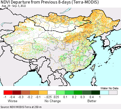 China, Mongolia and Taiwan NDVI Departure from Previous 8-days (Terra-MODIS) Thematic Map For 8/29/2022 - 9/5/2022