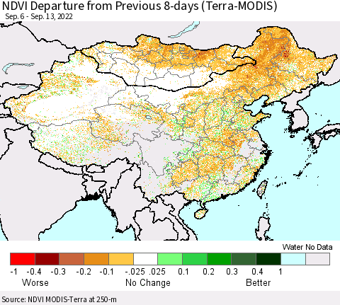 China, Mongolia and Taiwan NDVI Departure from Previous 8-days (Terra-MODIS) Thematic Map For 9/6/2022 - 9/13/2022