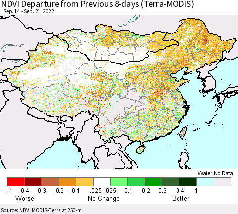 China, Mongolia and Taiwan NDVI Departure from Previous 8-days (Terra-MODIS) Thematic Map For 9/14/2022 - 9/21/2022