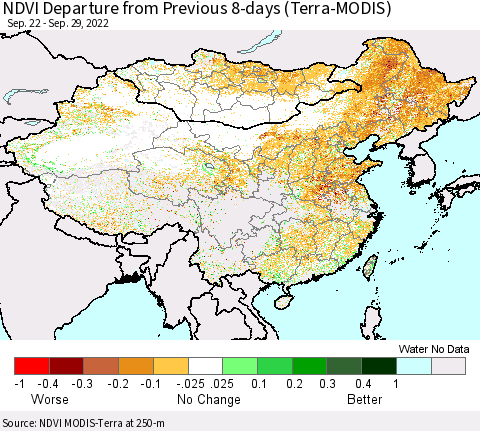 China, Mongolia and Taiwan NDVI Departure from Previous 8-days (Terra-MODIS) Thematic Map For 9/22/2022 - 9/29/2022