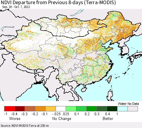 China, Mongolia and Taiwan NDVI Departure from Previous 8-days (Terra-MODIS) Thematic Map For 9/30/2022 - 10/7/2022