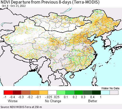 China, Mongolia and Taiwan NDVI Departure from Previous 8-days (Terra-MODIS) Thematic Map For 10/8/2022 - 10/15/2022