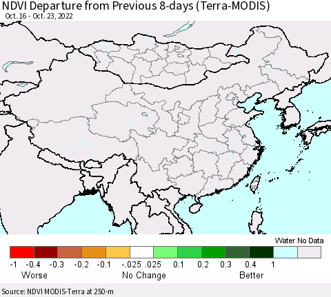 China, Mongolia and Taiwan NDVI Departure from Previous 8-days (Terra-MODIS) Thematic Map For 10/16/2022 - 10/23/2022