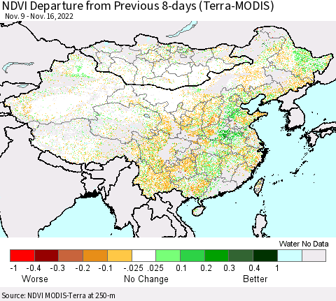 China, Mongolia and Taiwan NDVI Departure from Previous 8-days (Terra-MODIS) Thematic Map For 11/9/2022 - 11/16/2022