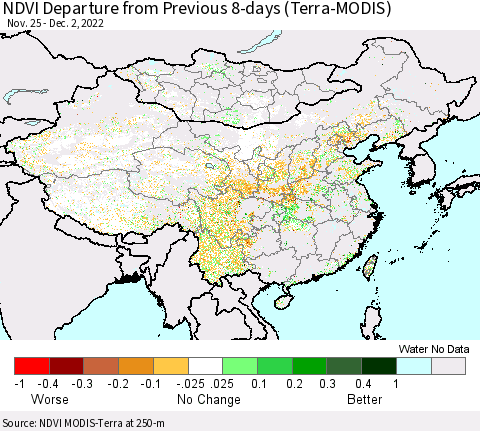 China, Mongolia and Taiwan NDVI Departure from Previous 8-days (Terra-MODIS) Thematic Map For 11/25/2022 - 12/2/2022